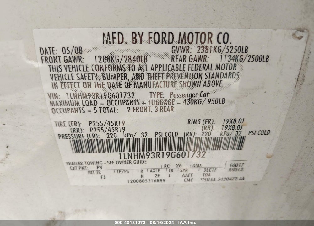 2009 LINCOLN MKS VIN: 1LNHM93R19G601732