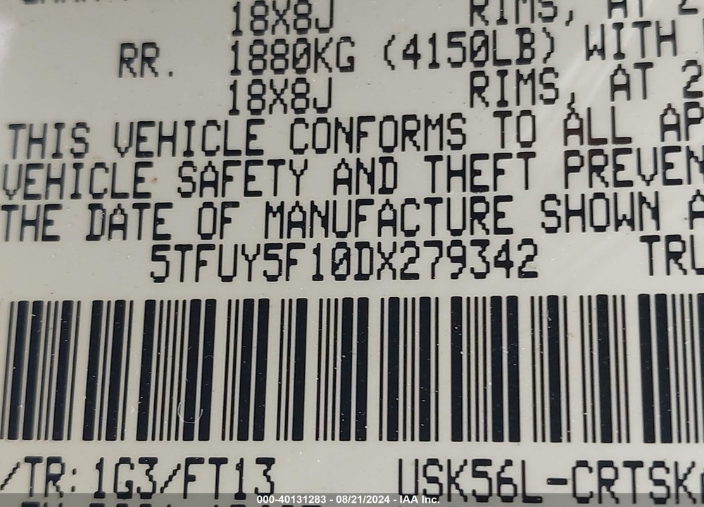 2013 TOYOTA TUNDRA GRADE 5.7L V8 VIN: 5TFUY5F10DX279342