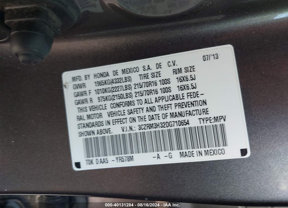 2013 HONDA CR-V LX VIN: 3CZRM3H32DG710654