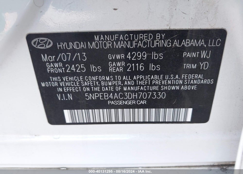 2013 HYUNDAI SONATA GLS VIN: 5NPEB4AC3DH707330