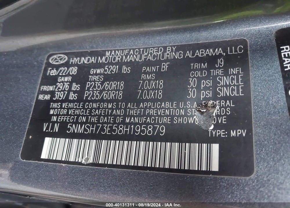 2008 HYUNDAI SANTA FE LIMITED/SE VIN: 5NMSH73E58H195879