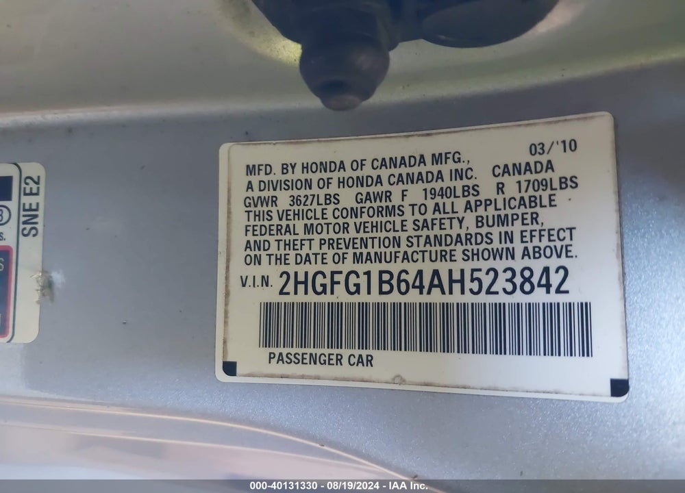 2010 HONDA CIVIC LX VIN: 2HGFG1B64AH523842