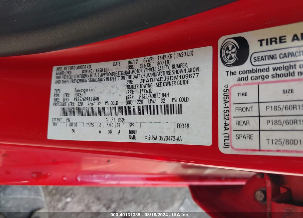 2013 FORD FIESTA SE VIN: 3FADP4EJ9DM109877
