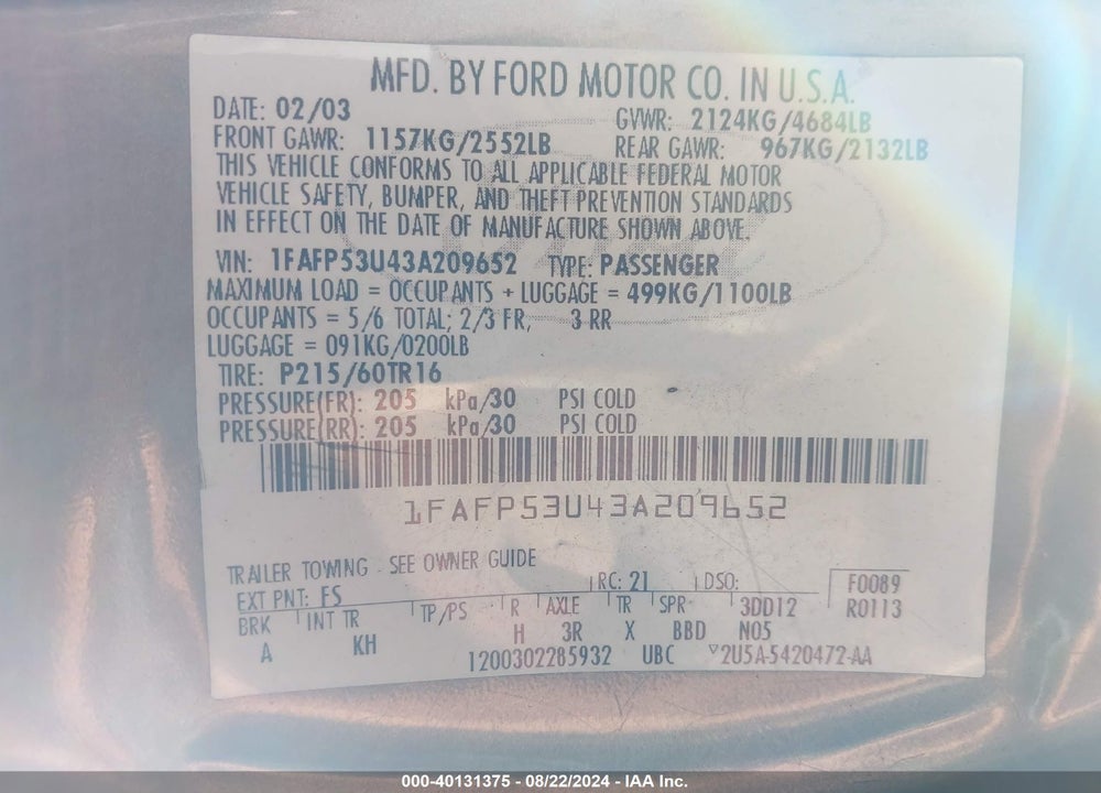 2003 FORD TAURUS SE VIN: 1FAFP53U43A209652