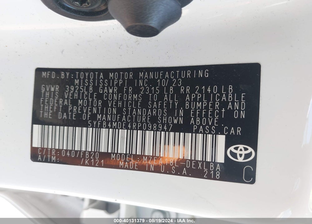 2024 TOYOTA COROLLA VIN: 5YFB4MDE4RP098947