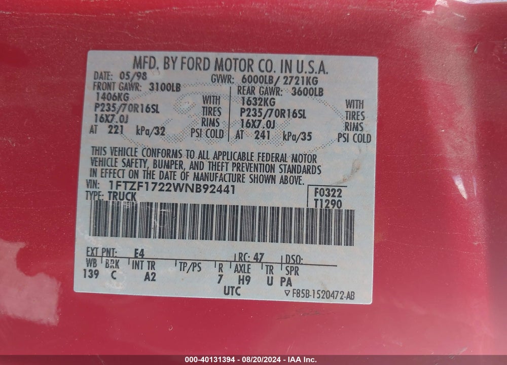 1998 FORD F-150 STANDARD/XL/XLT VIN: 1FTZF1722WNB92441