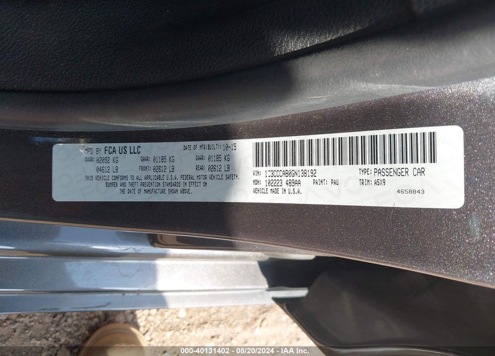 2016 CHRYSLER 200 LIMITED VIN: 1C3CCCAB0GN138192