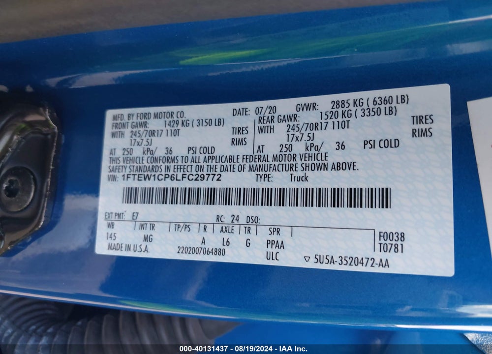 2020 FORD F-150 XLT VIN: 1FTEW1CP6LFC29772