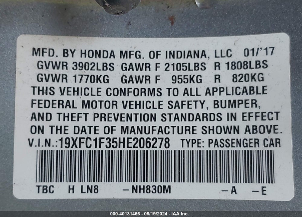2017 HONDA CIVIC EX-T VIN: 19XFC1F35HE206278