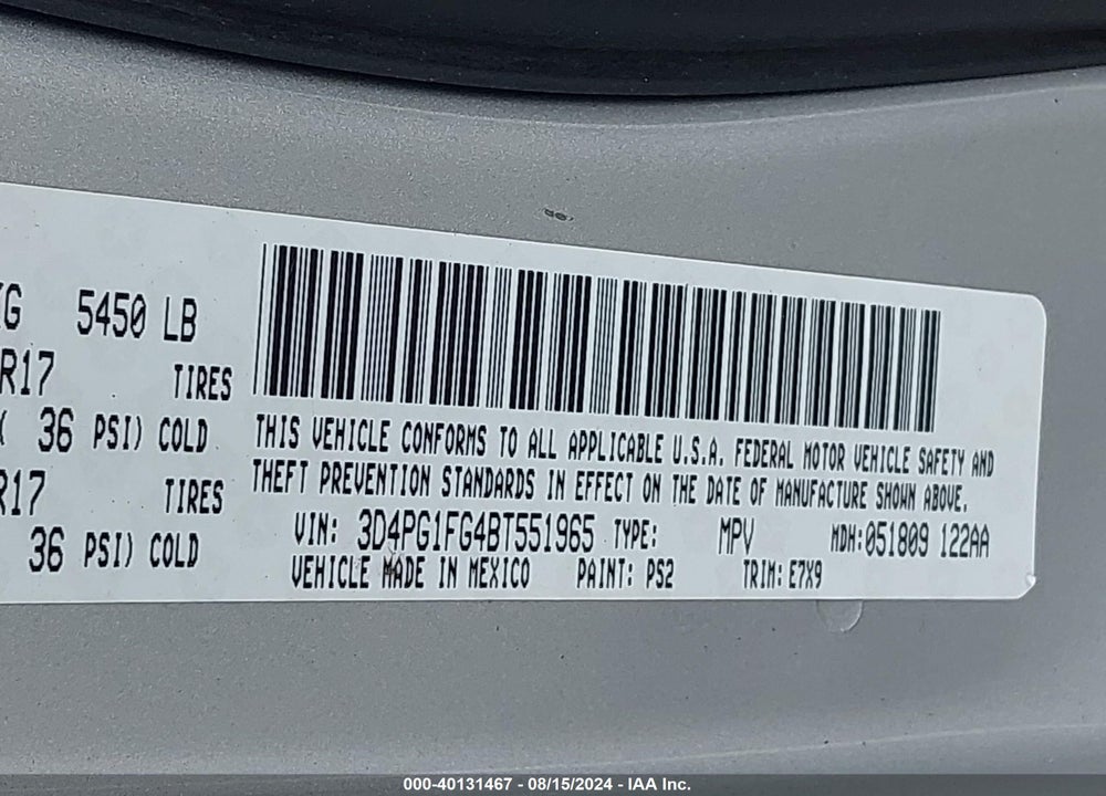2011 DODGE JOURNEY MAINSTREET VIN: 3D4PG1FG4BT551965