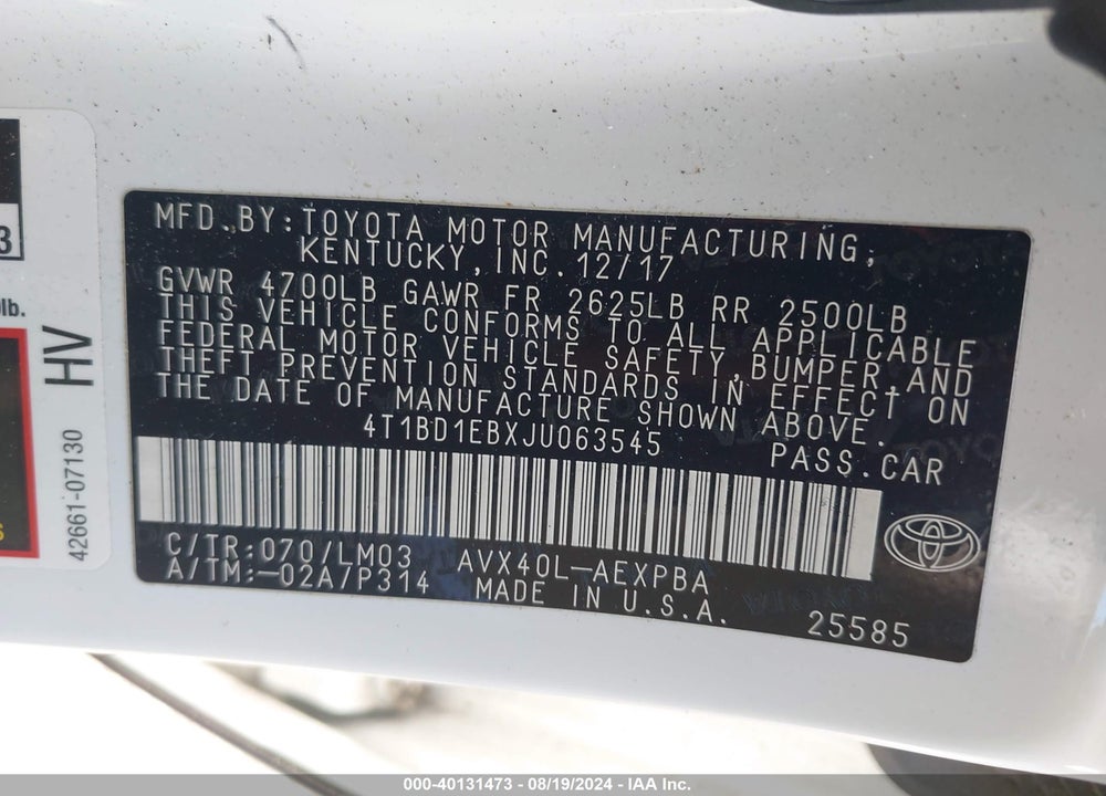 2018 TOYOTA AVALON HYBRID LIMITED VIN: 4T1BD1EBXJU063545