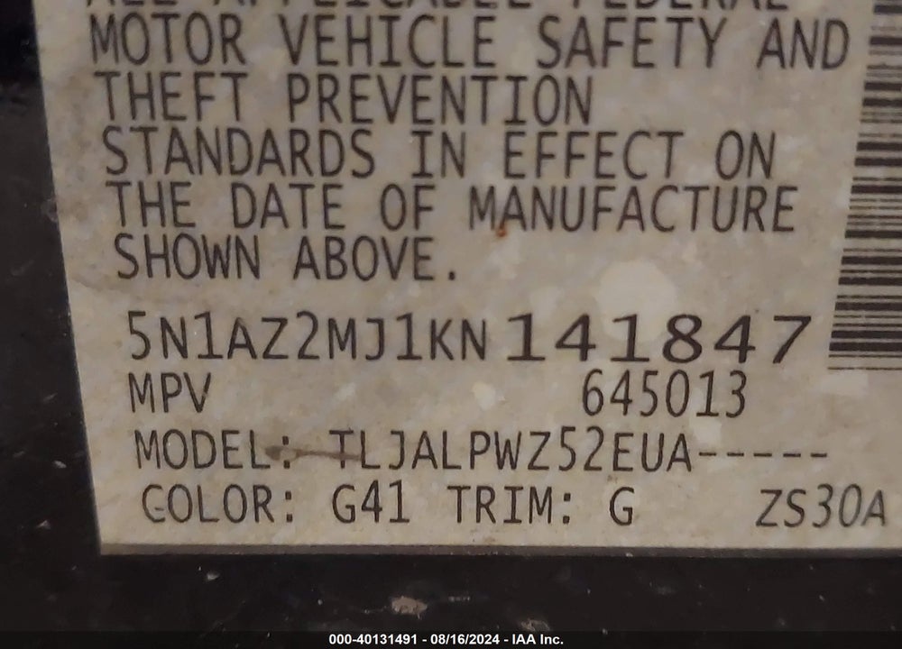 2019 NISSAN MURANO S VIN: 5N1AZ2MJ1KN141847