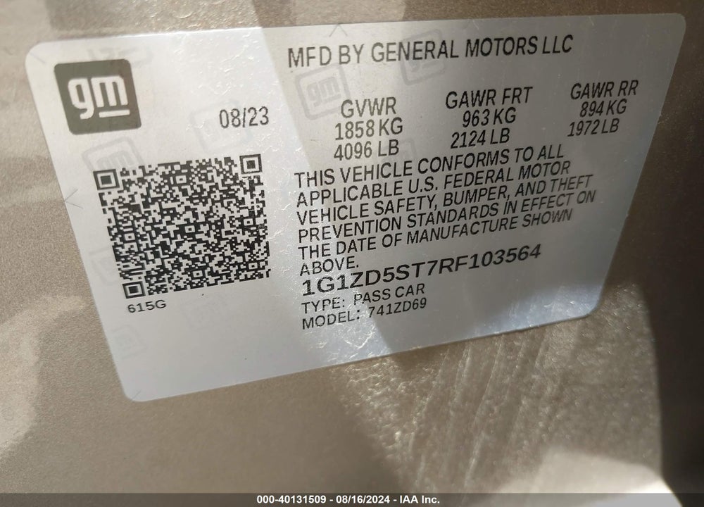 2024 CHEVROLET MALIBU FWD 1LT VIN: 1G1ZD5ST7RF103564