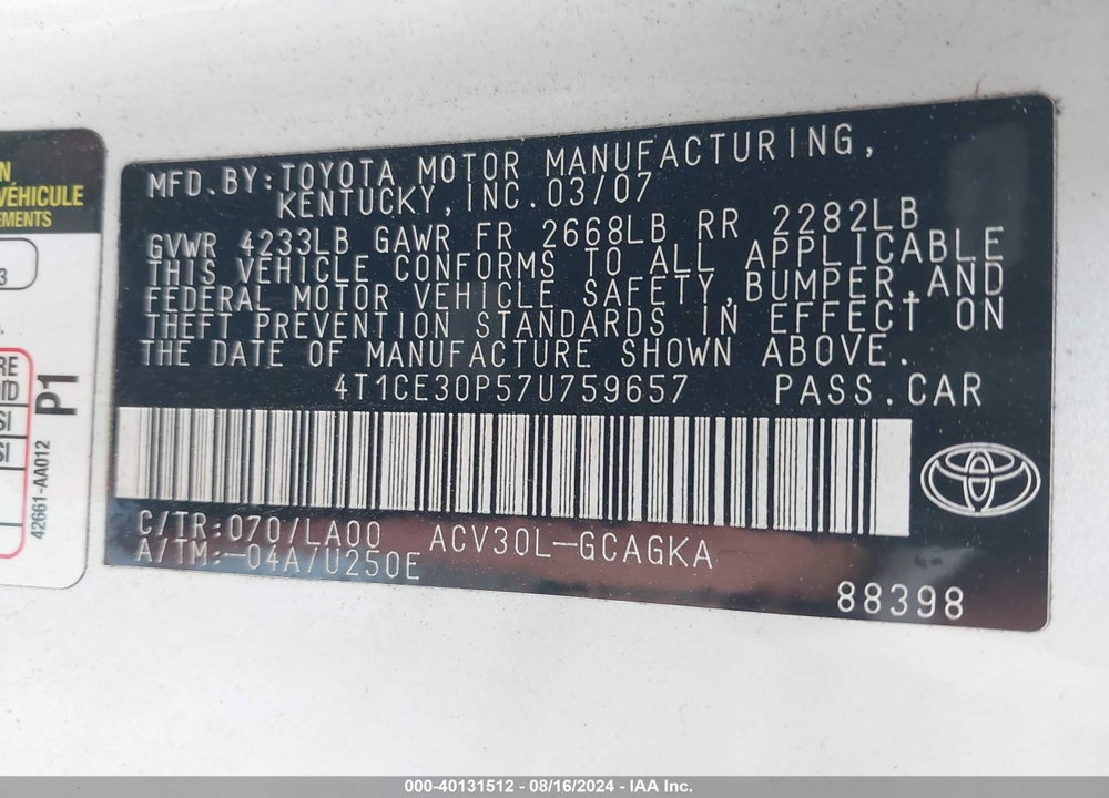 2007 TOYOTA CAMRY SOLARA SLE VIN: 4T1CE30P57U759657