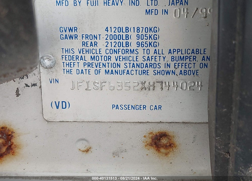 1999 SUBARU FORESTER VIN: JF1SF6352X8744024