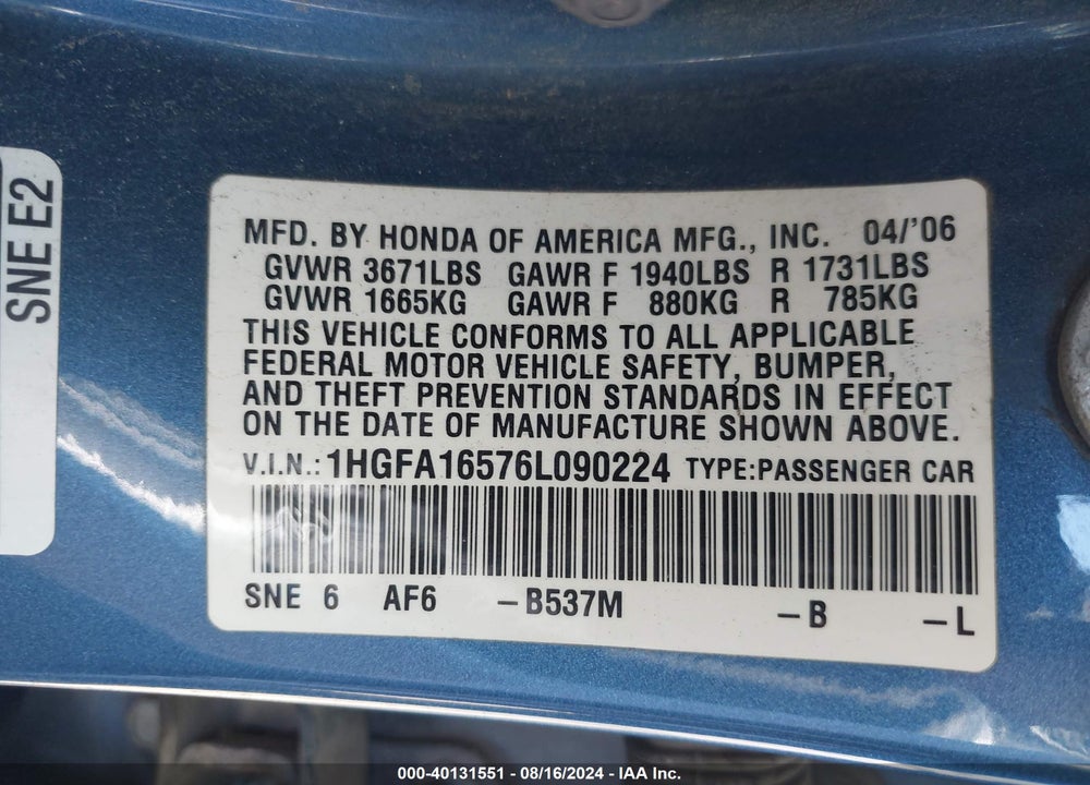 2006 HONDA CIVIC LX VIN: 1HGFA16576L090224
