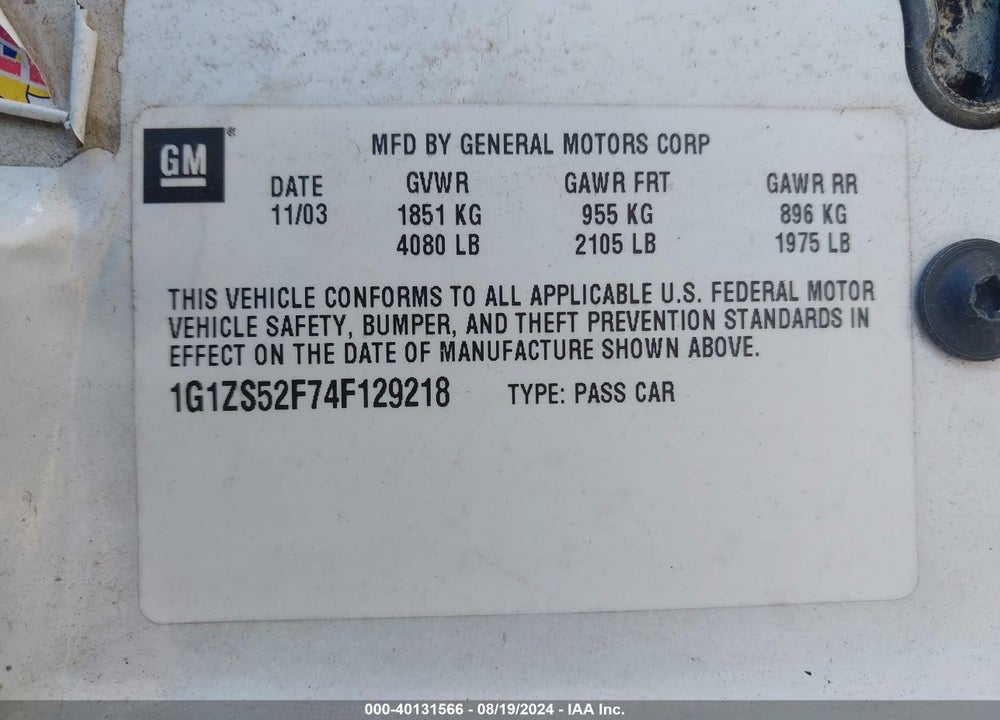 2004 CHEVROLET MALIBU VIN: 1G1ZS52F74F129218
