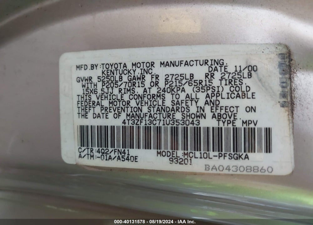 2001 TOYOTA SIENNA LE VIN: 4T3ZF13C71U353043
