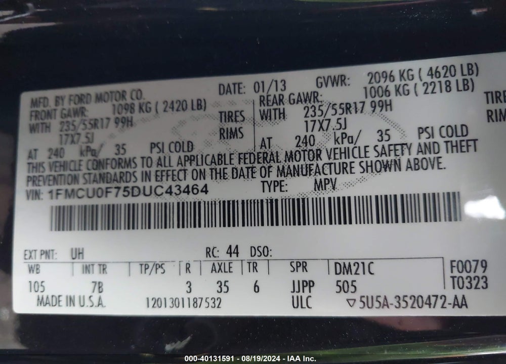 2013 FORD ESCAPE S VIN: 1FMCU0F75DUC43464