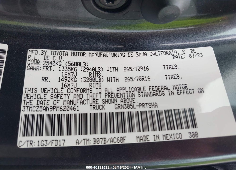 2023 TOYOTA TACOMA TRD OFF ROAD VIN: 3TMCZ5AN9PM620461