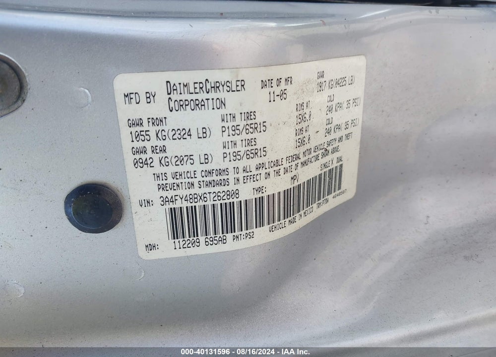 2006 CHRYSLER PT CRUISER VIN: 3A4FY48BX6T262808