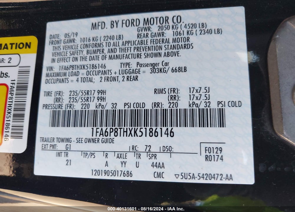 2019 FORD MUSTANG ECOBOOST VIN: 1FA6P8THXK5186146