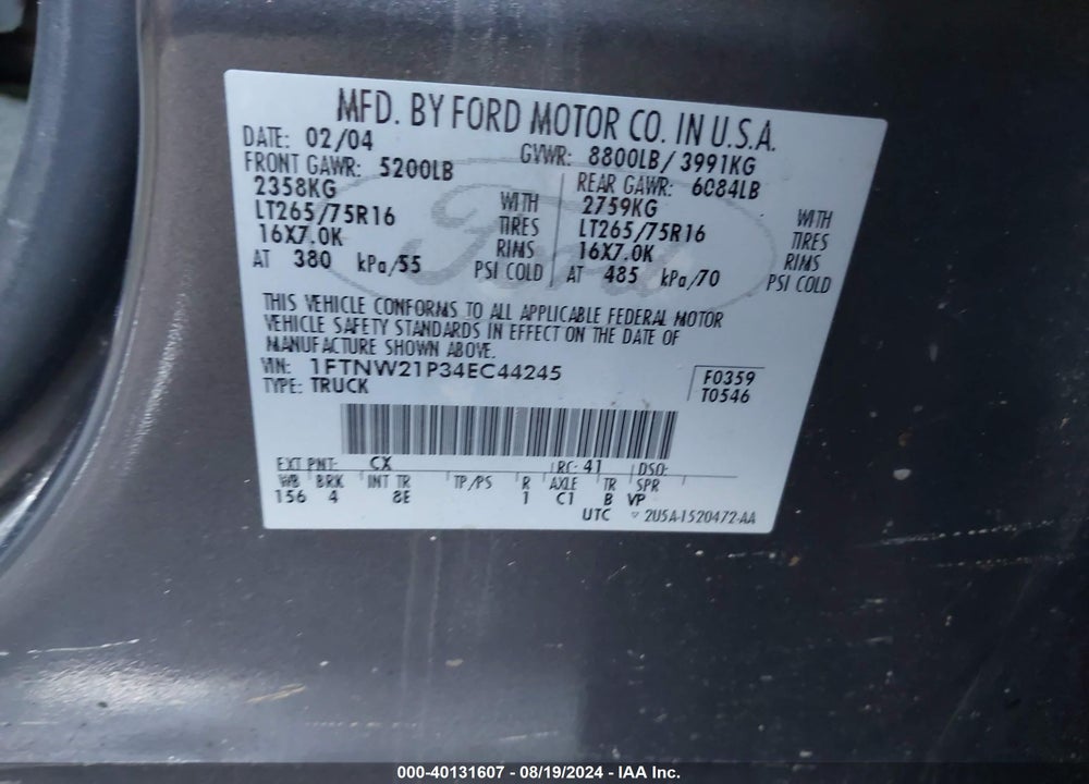 2004 FORD F-250 LARIAT/XL/XLT VIN: 1FTNW21P34EC44245