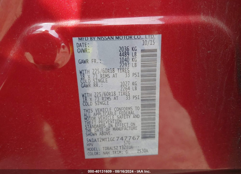 2016 NISSAN ROGUE SL VIN: 5N1AT2MT1GC747767