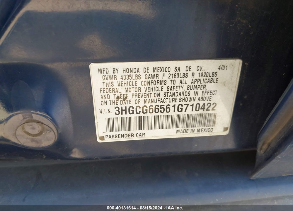 2001 HONDA ACCORD 2.3 LX VIN: 3HGCG66561G710422