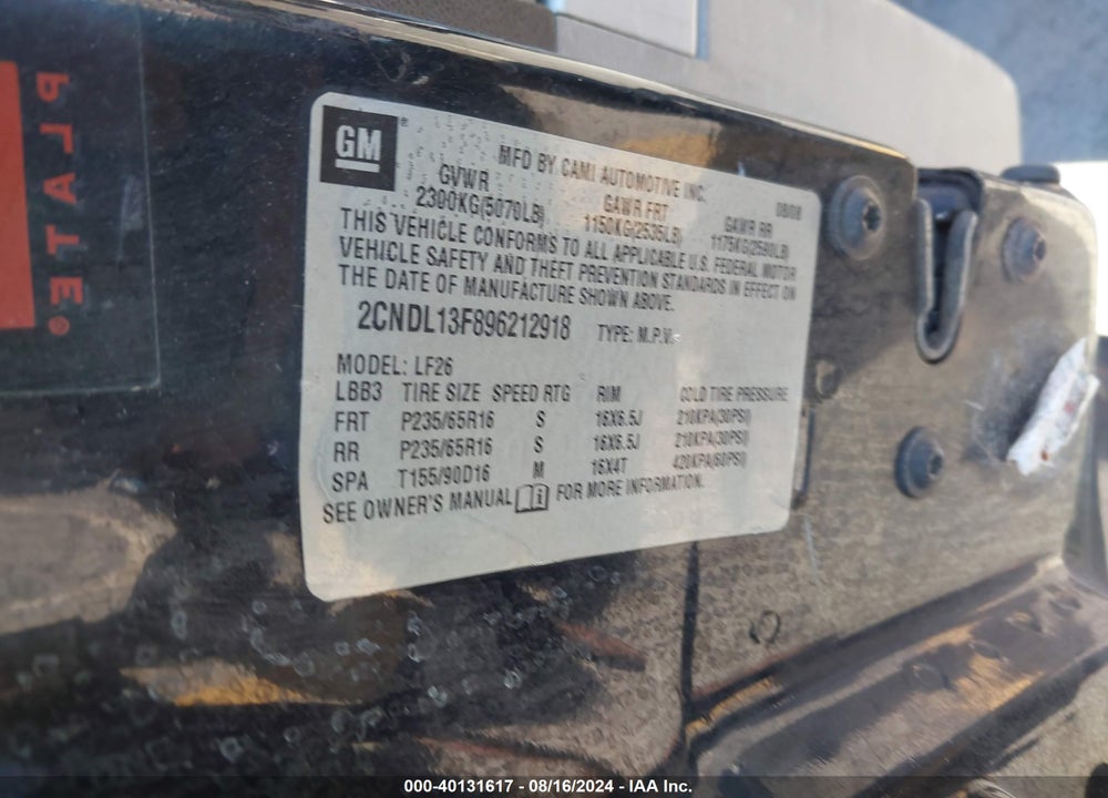 2009 CHEVROLET EQUINOX LS VIN: 2CNDL13F896212918