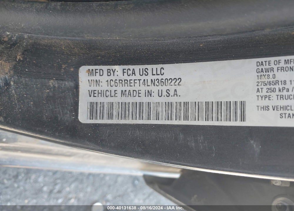 2020 RAM 1500 VIN: 1C6RREFT4LN360222
