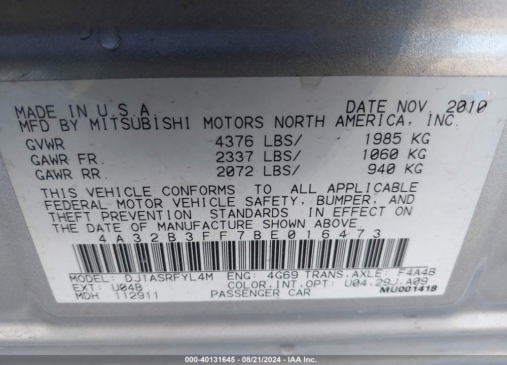 2011 MITSUBISHI GALANT ES/SE VIN: 4A32B3FF7BE016473