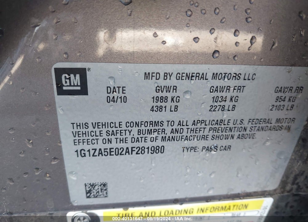 2010 CHEVROLET MALIBU LS VIN: 1G1ZA5E02AF281980