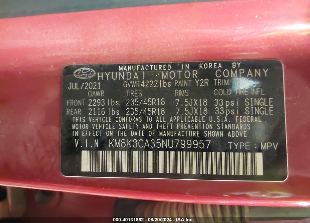 2022 HYUNDAI KONA N LINE VIN: KM8K3CA35NU799957
