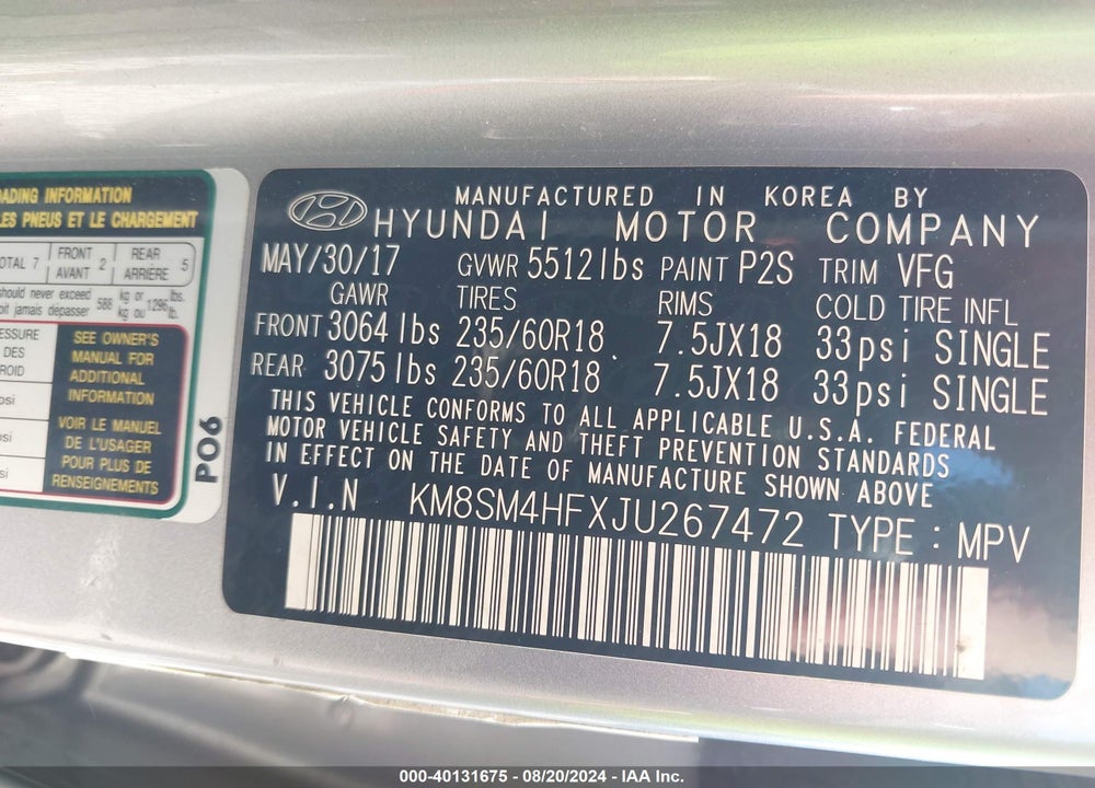 2018 HYUNDAI SANTA FE SE VIN: KM8SM4HFXJU267472