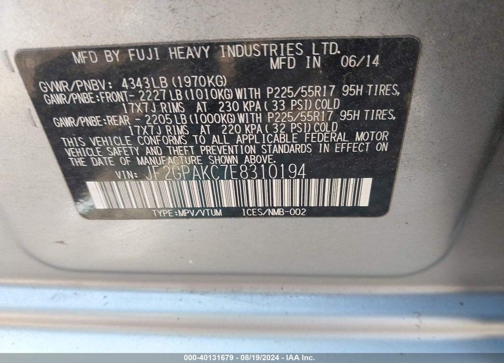 2014 SUBARU XV CROSSTREK 2.0I LIMITED VIN: JF2GPAKC7E8310194