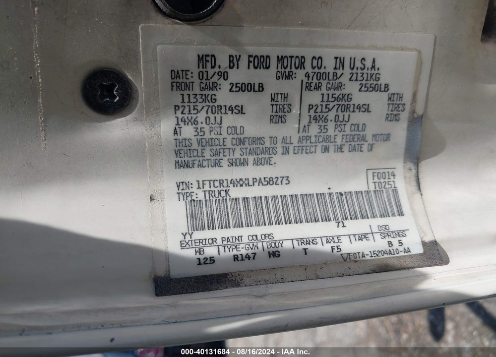 1990 FORD RANGER SUPER CAB VIN: 1FTCR14XXLPA58273