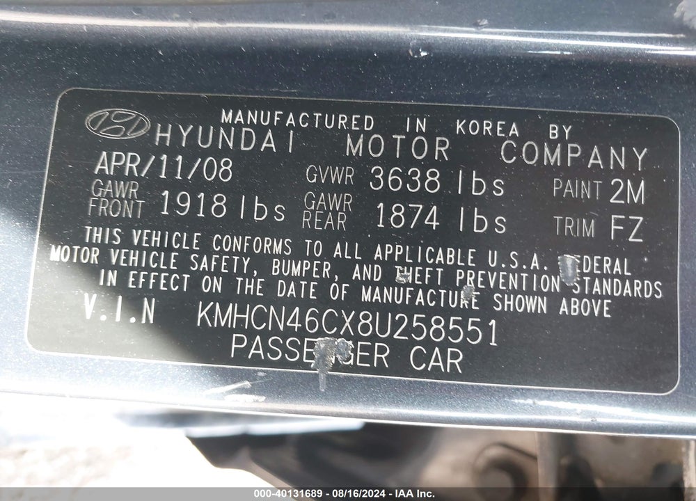 2008 HYUNDAI ACCENT GLS VIN: KMHCN46CX8U258551