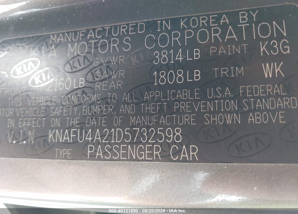 2013 KIA FORTE EX VIN: KNAFU4A21D5732598