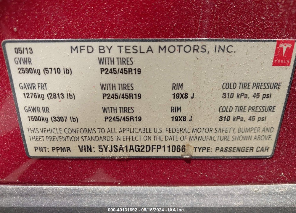2013 TESLA MODEL S VIN: 5YJSA1AG2DFP11066
