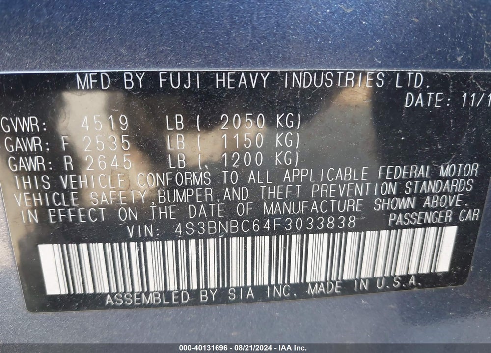 2015 SUBARU LEGACY 2.5I PREMIUM VIN: 4S3BNBC64F3033838