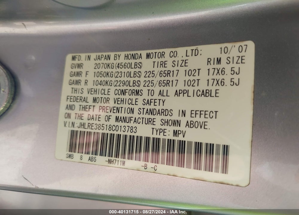 2008 HONDA CR-V EX VIN: JHLRE38518C013783