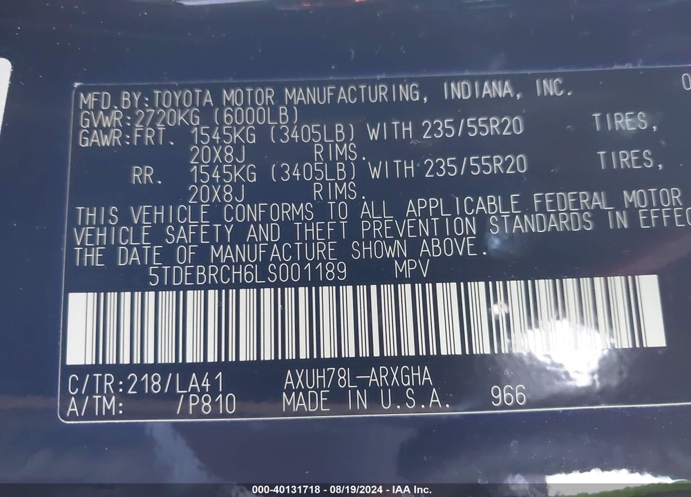 2020 TOYOTA HIGHLANDER HYBRID PLATINUM VIN: 5TDEBRCH6LS001189