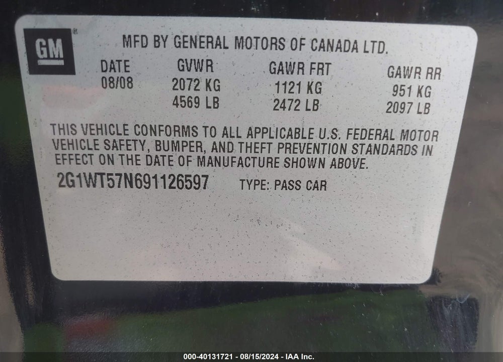 2009 CHEVROLET IMPALA LT VIN: 2G1WT57N691126597