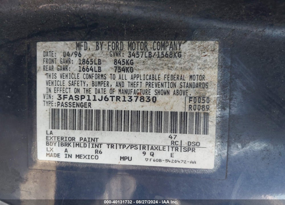 1996 FORD ESCORT LX VIN: 3FASP11J6TR137830