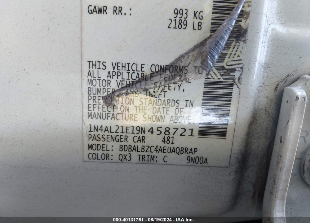 2009 NISSAN ALTIMA 2.5 S VIN: 1N4AL21E19N458721