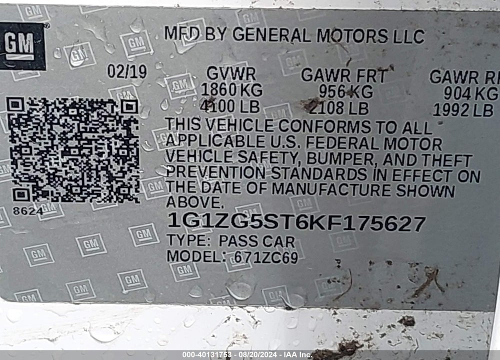 2019 CHEVROLET MALIBU RS VIN: 1G1ZG5ST6KF175627