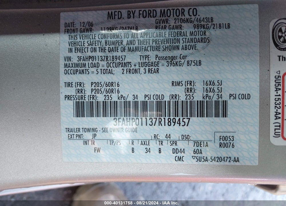 2007 FORD FUSION SE VIN: 3FAHP01137R189457