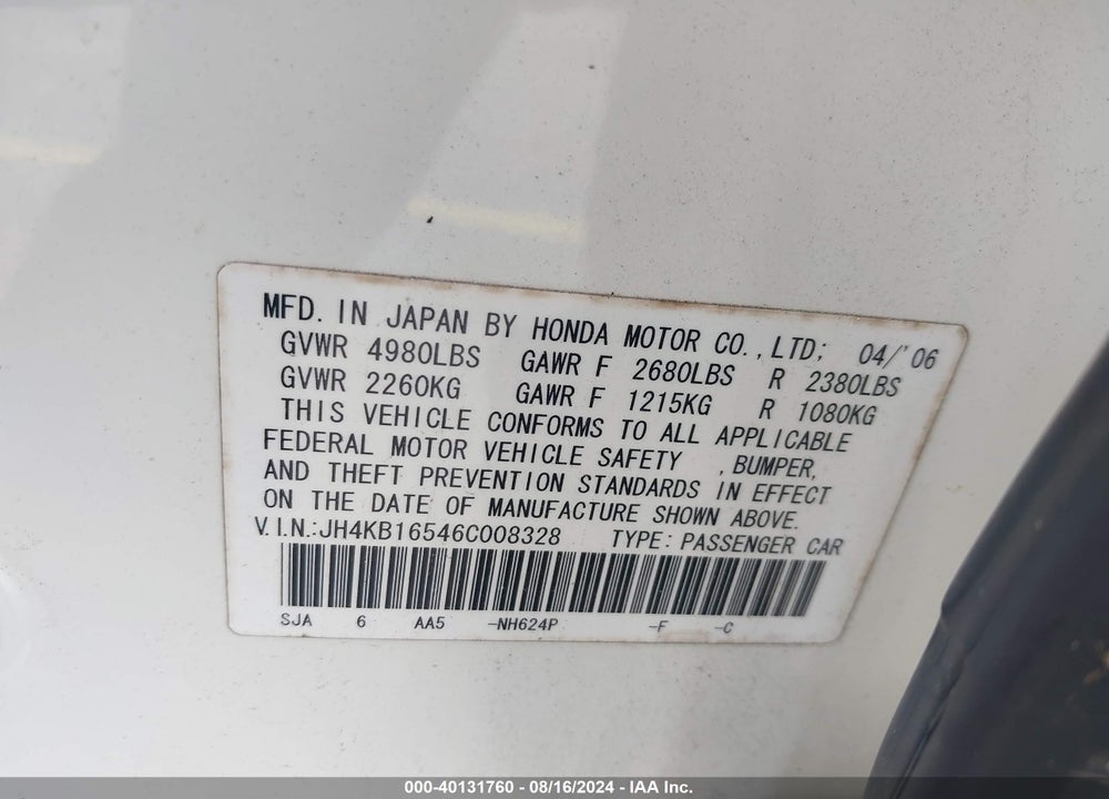 2006 ACURA RL 3.5 VIN: JH4KB16546C008328