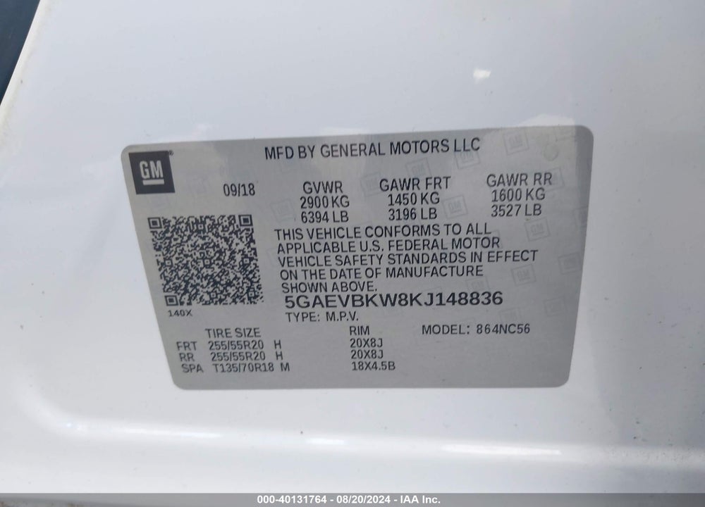 2019 BUICK ENCLAVE AWD PREMIUM VIN: 5GAEVBKW8KJ148836
